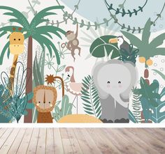 an animal themed wallpaper in a children's room with wooden floors and walls