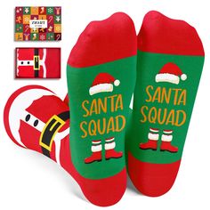 ELF CHRISTMAS SOCKS: These holiday socks feature a playful design with Santa's belt patterns and white fluff ball patterns, complemented by neat red stripes. The bottom of the ELF socks has a hilarious hidden message that reads "ELF SQUAD". SIZE & PACKING: Fits for 4-6 years old little kids. Each Christmas gift box contains one pair of funny festive socks. QUALITY MATERIAL: Crafted from 80% cotton, 15% polyamide, and 5% elastane, these socks offer a soft, stretchy, and breathable fit, ensuring c Fun Christmas Gift Socks, Novelty Socks For Winter Gift, Novelty Winter Socks For Gift, Novelty Winter Socks For Gifts, Novelty Winter Socks As Gift, Playful Christmas Socks For Stocking Stuffers, Playful Winter Socks For Gift, Playful Winter Gift Socks, Novelty Christmas Gift Socks