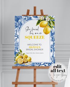 a lemon themed bridal shower sign on an easel