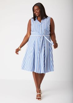 Serve a weekend in the Hamptons realness in our striped cotton-blend shirtdress designed with a lightweight feel & nautical aesthetic. Striped Shirt Dress For Summer Day Out, Striped Cotton Beach Shirt Dress, Striped Cotton Shirt Dress For Beach, Striped Shirt Dress For Summer, Striped Collared Vacation Dress, Striped Collared Dresses For Vacation, Striped Button-up Summer Dresses, Spring Striped Collared Dress, Casual Striped Cotton Shirt Dress