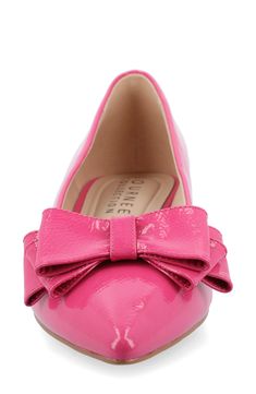 A bow-embellished pointy toe punctuates an easy-wear flat constructed from soft faux leather with a comfortably cushioned footbed. 1" heel Tru Comfort Foam footbed Synthetic upper, lining and sole Imported Spring Patent Leather Flats With Bow, Pink Flats With Removable Insole And Pointed Toe, Pink Pointed Toe Flats With Removable Insole, Spring Bow Flats With Pointed Toe, Spring Flats With Bow And Pointed Toe, Patent Leather Bow Flats, Spring Office Flats With Bow Detail, Spring Office Flats With Bow, Spring Almond Toe Flats With Bow