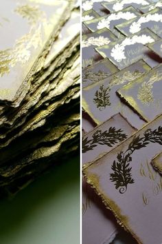 gold and purple paper with white flowers on them