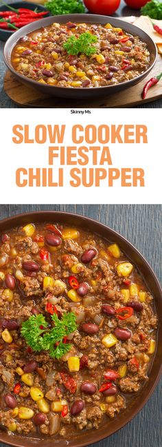 the recipe for slow cooker fiesta chili supper is shown in two different pans