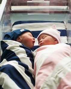 two babies are sleeping in a clear box