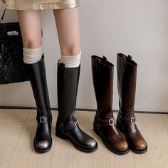 Handmade Leather Riding Boots For Women Round Toe Knee High Boots In Black/Brown Brown Winter Riding Knee-high Boots, Brown Riding Boots For Winter, Winter Riding Boots In Brown, Brown Knee-high Boots For Fall Outdoor Activities, Brown High Ankle Moto Boots With Buckle Closure, Brown Leather Knee-high Martin Boots, Brown Knee-high Riding Boots With Round Toe, Brown Wide Calf Moto Boots For Winter, Brown Round Toe Knee-high Riding Boots