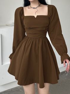 Easy Trendy Outfits, Really Cute Outfits, Brown Dress, Casual Style Outfits, Style Outfits, Classy Dress, Mini Dress With Sleeves