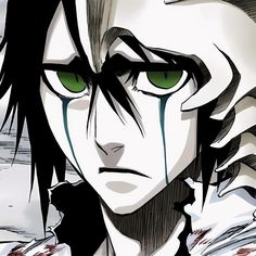 an anime character with green eyes and black hair