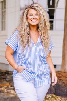 Elevate your style with our Celebrate Today Top, in denim and ivory stripes! Featuring a high-low hemline, functional buttons, and cuffed sleeves, it's perfect for any occasion! Pair with blue or white denim for a patriotic 4th of July look! 65% Cotton, 32% Nylon, 3% Spandex Model Fits, White Denim, Cuff Sleeves, High & Low, High Low, 4th Of July, Stripes, Spandex, Celebrities