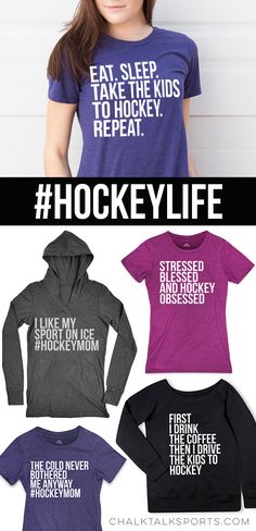 three different shirts with the words hockey life printed on them, one is purple and one is