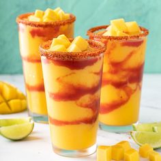 three glasses filled with mango slices or chunks and a sprinkle of tartar