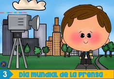 a cartoon boy is sitting in front of a camera on the road with buildings and trees behind him