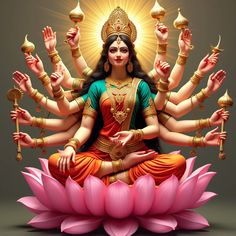 a woman sitting on top of a lotus with her hands in the air and holding two candles