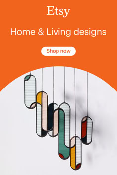 an advertisement for etsy's home and living designs, with colorful lights hanging from the ceiling