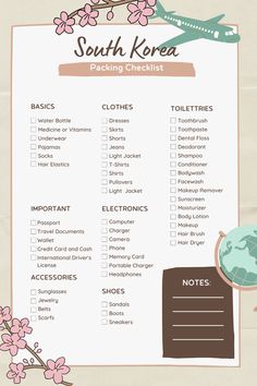 the south korea packing checklist is shown with pink flowers and an airplane in the background