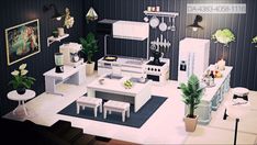 a model of a kitchen and dining area in a room with black walls, white furniture and potted plants