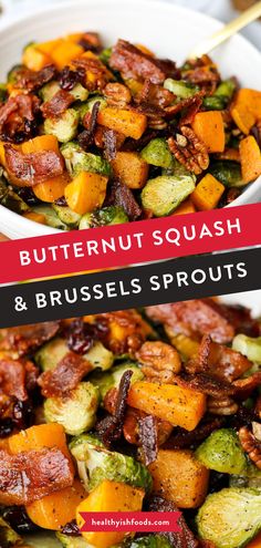 two bowls filled with brussel sprouts and butternut squash on top