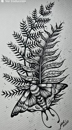 a black and white drawing of a plant with lots of leaves on it's side