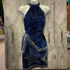 Starry Night Velvet Beaded Dress Navy Medium New With Tags Fitted Blue Star Print Dresses, Blue Star Print Party Dress, Fitted Star Print Mini Dress For Night Out, Sleeveless Star Print Dress For Night Out, Starry Night Dress, Beaded Dress, Night Dress, Starry Night, Colorful Dresses