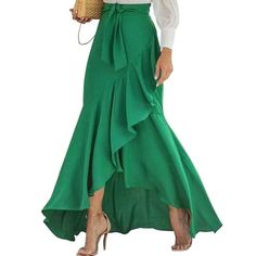 Celmia Women High Waist Ruffle Hem Back Waist Elastics Fishtail Skirts Size: 3XL.  Color: Green.  Gender: female.  Age Group: adult. Ruffle Hem Skirt, Mode Kimono, Plus Size Summer Dresses, Fishtail Skirt, Lace Wrap, Long Skirts For Women, Party Skirt, Elegant Skirt, Mermaid Skirt