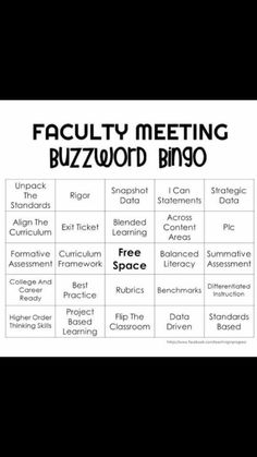 a black and white poster with the words faculty meeting buzzword bingo