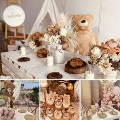 a collage of photos with teddy bears and desserts on the table in front of them