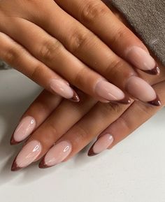 Brown French Tip Nails Almond, Brown French Nails, Nail Options, Chocolate Girl, Matte Pink Nails, Classic Nails