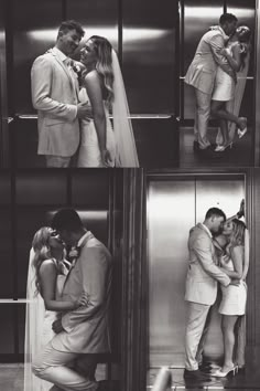 black and white photo of bride and groom kissing in the elevator at their wedding reception