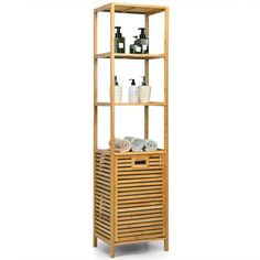 Bamboo Tower Hamper Organizer with 3-Tier Storage Shelves-Natural - Adore the Decor Bamboo Tower, Traditional Hampers, Tilt Out Laundry Hamper, Bathroom Tower, Laundry Sorter, Bamboo Bathroom, Door Shelves, Bamboo Frame, Space Saving Solutions