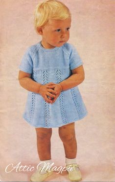 Magpie says: This little girl's dress is just too cute. It is knitted flat in 4-ply yarn from the hem up and then seamed. The back is knitted in two halves with buttons down the back to make dressing easier. Measurements: To fit chest: 19 : 20 : 21 in Length: 14 : 14.25 : 15 in Sleeve seam: 1.5 : 1.5 : 1.5 in Materials: Emu  Scotch  4-Ply  Emu  Super Crepe  Emu  Bri-Nylon 4-Ply  4 [4 : 4] balls (this yarn was sold in 1oz (28g) balls) A pair of 4mm (UK8 : US6) knitting needles  A pair of 3.25mm ( Yarn Weight Chart, Girls Knitted Dress, Vintage Baby Dresses, Baby Girl Shorts, Crochet Vintage, Vintage Knitting Patterns, Pdf Knitting Pattern, Knitted Dress, Knitting Girls