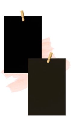 two square black and pink papers with gold pins on them, one has a blank piece of paper attached to it