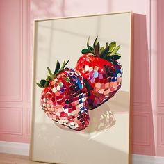 two strawberries are sitting on the floor in front of a pink wall with mirrors