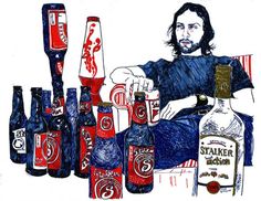 a drawing of a man sitting in front of bottles