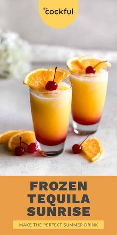 two glasses filled with orange juice and garnished with cherries on the rim