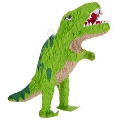 a paper mache model of a green t - shirt dinosaur with its mouth open