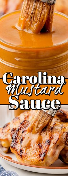 grilled chicken with caramel sauce in a jar and on a plate, being brushed by a brush