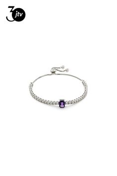 Rectangular octagonal purple amethyst and round moissanite rhodium over sterling silver bracelet, with a fish hook closure. Round Moissanite, Sterling Silver Bracelet, Fish Hook, Purple Amethyst, Sterling Silver Bracelets, Silver Bracelet, Amethyst, Fish, Bracelet