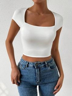 Don't miss this hot deal on SHEIN! Save big on this!SHEIN Essnce Square Neck Crop Top T-Shirt Neck Crop Top, Kids Beachwear, Fashion Online Shop, Women Clothes Sale, All Fashion, Womens Tees, Clothing And Shoes, Latest Trends, Colorful Shirts