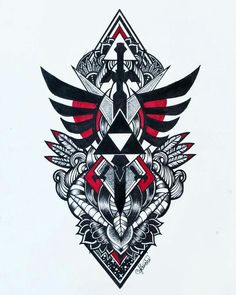 a drawing of a cross and wings on a white paper with red accents in the background