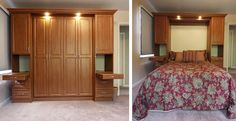 two pictures of a bedroom with closets and a bed in the same room together