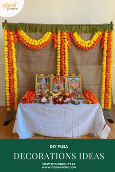 a table with decorations on it and the words poja decoration ideas above it for diwaling