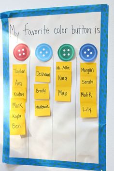 a bulletin board with buttons on it and some sticky notes pinned to the wall that says, my favorite color button is