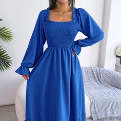 Shipping 4-6 Days Features: Smocked Sheer: Opaque Stretch: No Stretch Body: Not Lined Material Composition: 95% Polyester, 5% Elastane Care Instructions: Machine Wash Cold. Tumble Dry Low. Imported Product Measurements: S:Length 50.39 In, Bust 28.35 In, Sleeve Length 24.41 In M:Length 50.79 In, Bust 29.92 In, Sleeve Length 24.80 In L:Length 51.18 In, Bust 31.50 In, Sleeve Length 25.20 In Xl:Length 51.57 In, Bust 33.07 In, Sleeve Length 25.59 In Tags: Smocked Dress, Square Neck Dress, Flounce Sle Long Sleeve Smocked Dress With Ruched Detail, Solid Long Sleeve Smocked Dress With Ruched Detail, Solid Smocked Long Sleeve Dress, Blue Smocked Dress With Ruffle Hem For Brunch, Elegant Blue Midi Smocked Dress, Long Sleeve Solid Color Smocked Dress, Long Sleeve Smocked Dress With Smocked Cuffs, Solid Long Sleeve Smocked Dress, Long Sleeve Smocked Dress With Ruffles