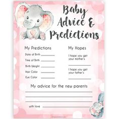 a pink baby advice card with an elephant on the front and words that read, baby advice & predictions