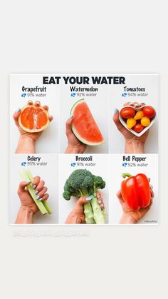 the poster shows how to eat watermelon, broccoli, and tomatoes