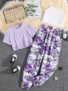 Teen Girls Solid Cami Top & Camo Print Flap Pocket Pants & Tee | SHEIN USA Clothes For 8 Yrs Old, Cute Fits For 10-12, Clothes For 10 Year Girl, Cute Back To School Outfits 6th Grade, Clothes For Girls 10-12, Cute Outfits For Kids 10-12, Pre Teen Girl Outfits, Glow In The Dark Clothes