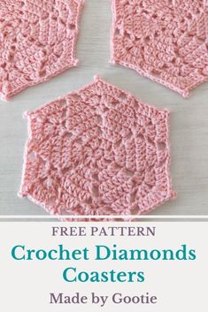 three crochet diamonds coasters with text overlay that says free pattern, crochet diamonds coasters