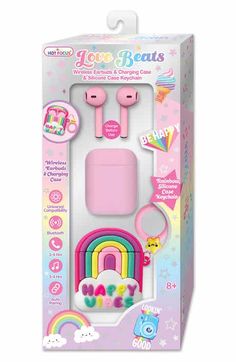 a pink toy set with rainbows and clouds in it's packaging, including earphones