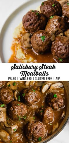 meatballs and gravy in a white bowl with the words salisbury steak meatballs