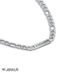 Make a personal statement with this adjustable bold Figaro chain featuring an engravable bar, a removable 2" extender, and lobster clasp closures. Personalize yours by engraving the bar with a meaningful name, date, or word of inspiration and choosing from stainless steel or yellow ion-plated stainless steel. This necklace easily adjusts from 22" to 24" and can be worn alone or as a layering piece for a stylish look. Engraved Stainless Steel Chain Link Jewelry, Modern Rectangular Figaro Chain Jewelry, Silver Nameplate Bar Necklace For Everyday, Silver Nameplate Chain Necklace With Adjustable Chain, Personalized Silver Rectangular Chain Necklace, Meaningful Names, Engraved Pendant, Personal Statement, Steel House