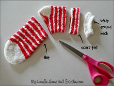 red and white knitted mitts with instructions on how to sew them together